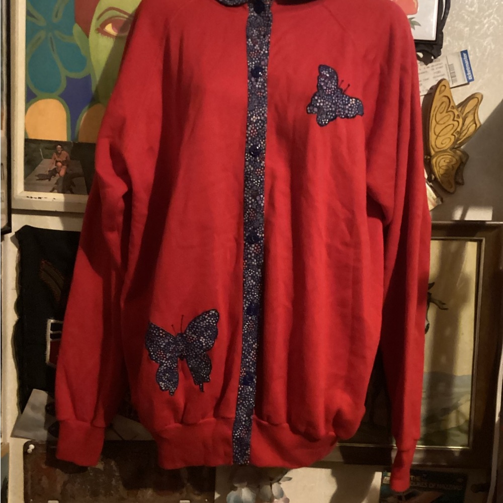Vintage 80s-90s Red Sweater with Butterfly Accents
